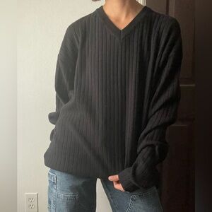 Vintage ribbed black cotton v-neck sweater